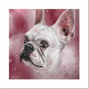 Painting of a White French Bulldog on Pink Red Background Posters and Art